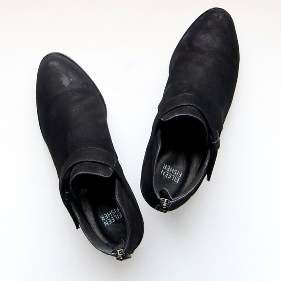 Eileen Fisher Black Nubuck Leather Almond Toe Block Heel Ankle Boots Booties 7.5 - Picture 15 of 16